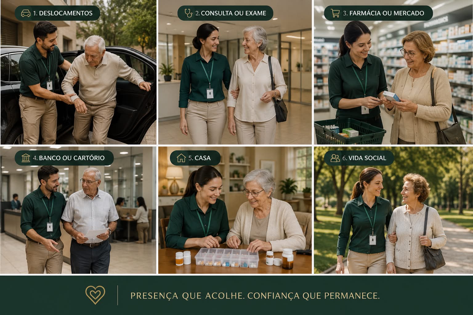 Mosaico de seis cenários onde o AMPARA atua: deslocamentos, consulta ou exame, farmácia ou mercado, banco ou cartório, presença em casa, e vida social. Em cada cena, um profissional do AMPARA acompanha um idoso ativo em ambientes cotidianos.